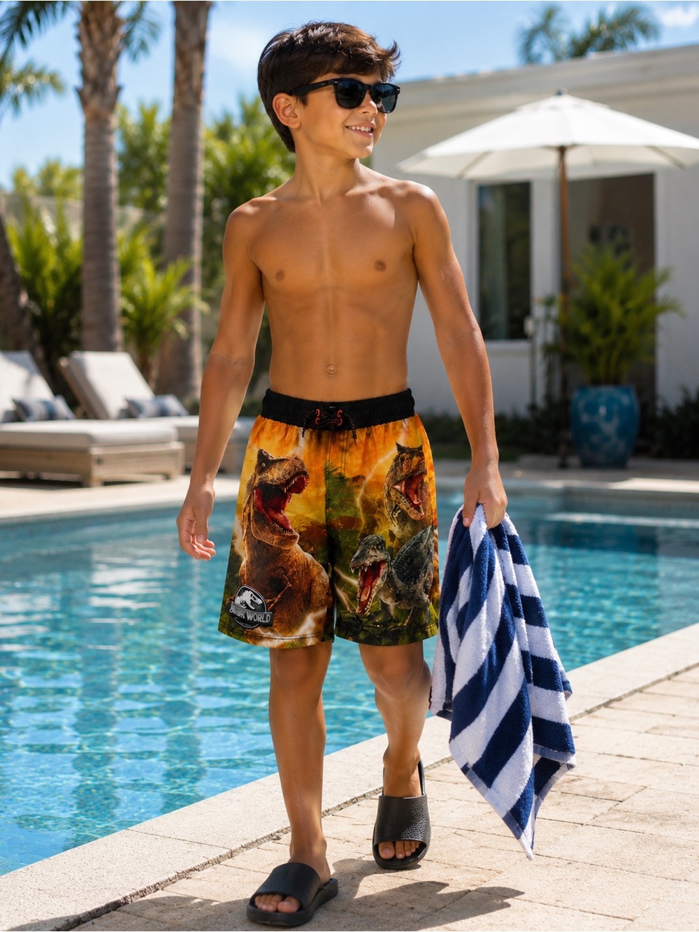 Amazon Kids' Jurassic World Dinosaur Swim Trunks - Orange, Black, Green